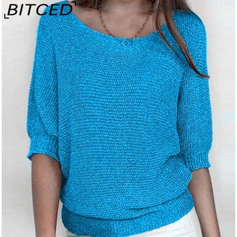 BITCED Βαμβακερό Πλεκτό Τοπ Μονόχρωμο με Στρογγυλή Λαιμόκοψη για Γυναίκες Κομψή Μπλούζα με 3/4 Μανίκια για το Γραφείο και Χώρους με Κλιματισμό