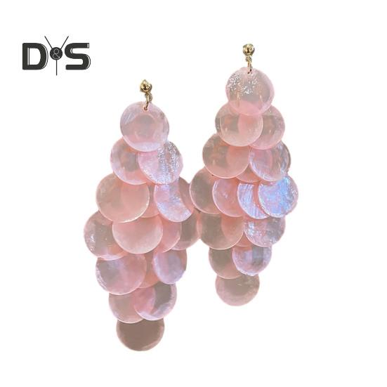 1 Pair Long Style Multi-Layer Drop Earrings Translucent Metal Needle Design Artificial Crystal Shell Tassel Earrings