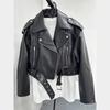 Women's Washed Leather Jacket with Belt, Short Coat with Downgraded Zipper and Vintage Lapel Jacket