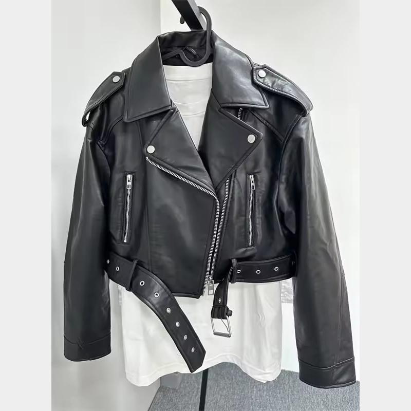 Women's Washed Leather Jacket with Belt, Short Coat with Downgraded Zipper and Vintage Lapel Jacket