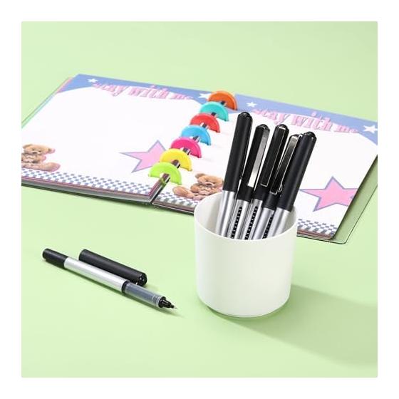 PATIKIL 6 Pcs Liquid Ink Rollerball Pens, 0.5mm Medium Point, Smooth Writing, Quick Dry Gel Ink, Black Ink, Silver Body, Black Cap