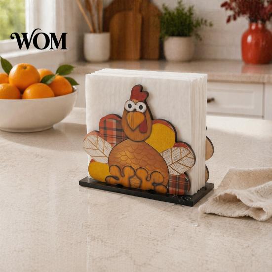 Autumn Kitchen Countertop Organizer Thanksgiving Solid Wood Napkin Holder, Fall Harvest Gnome Scarecrow Turkey Tissue Rack Dispenser, Waterproof