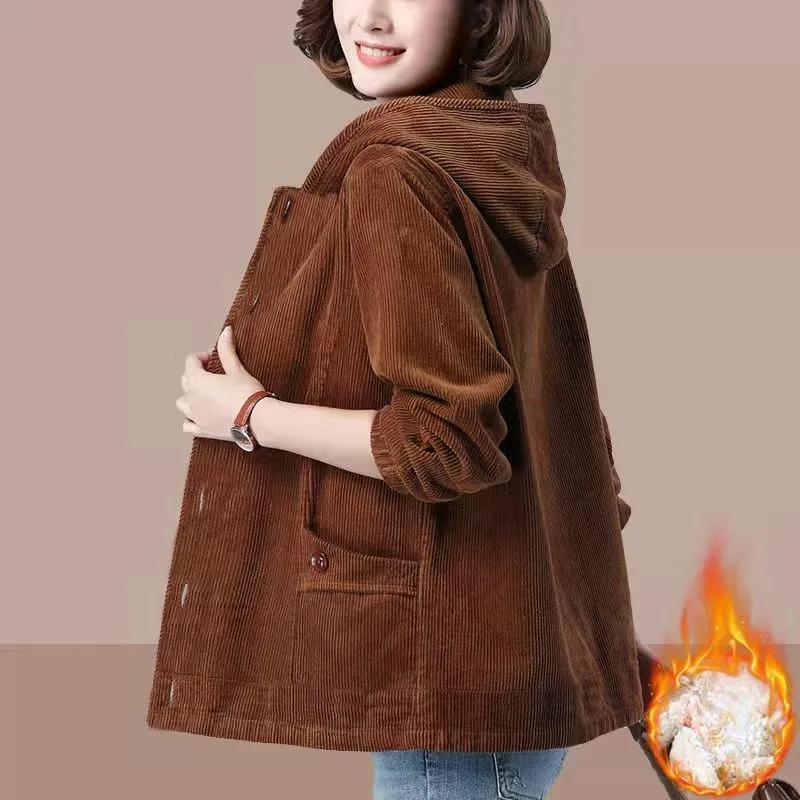 Plus Size Plus Velvet Thick Corduroy Jacket Women Autumn and Winter Large Size Loose Warm Cotton Coat Women