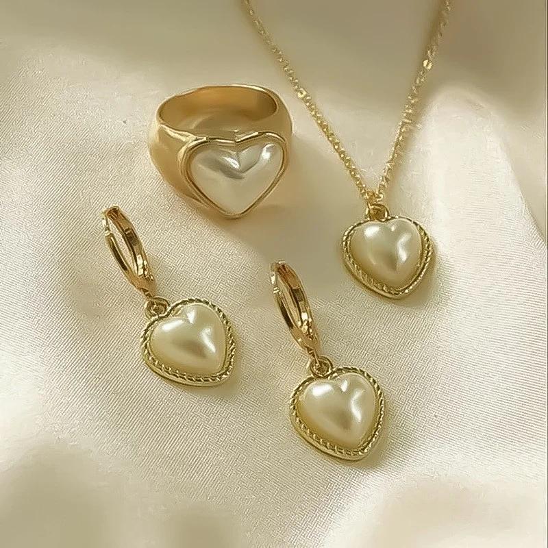

3Pcs Round Pearl Zircon Set Of Earring Pendant Necklace For Women Exquisite Fashion Rhinestone Double Wedding Zircon Set Gift