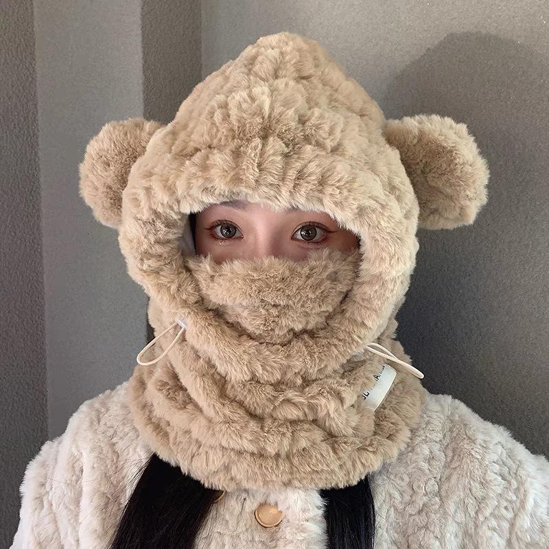 Korean-Style Plush Little Bear Hat with Ear Muffs and Integrated Scarf Mask for Winter Warmth