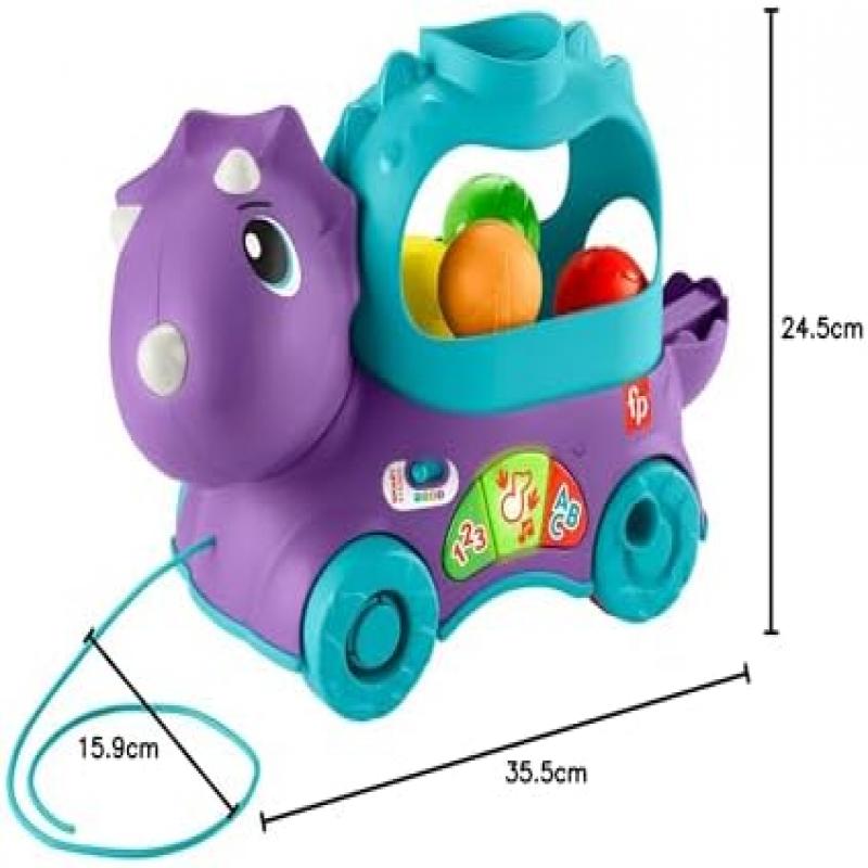 Zabawka dinozaur na sznurku Fisher-Price Bällespaß, wersja francuska, Interaktywny chodzik edukacyjny ze światłami i muzyką dla niemowląt w wieku 1-3 lat