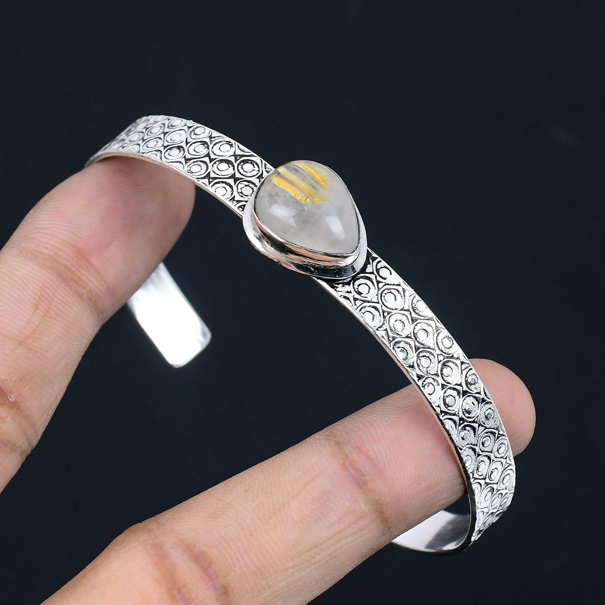 

Natural Golden Rutile Gemstone Bangle Adjustable 925 Sterling Silver Jewelry Adjustable