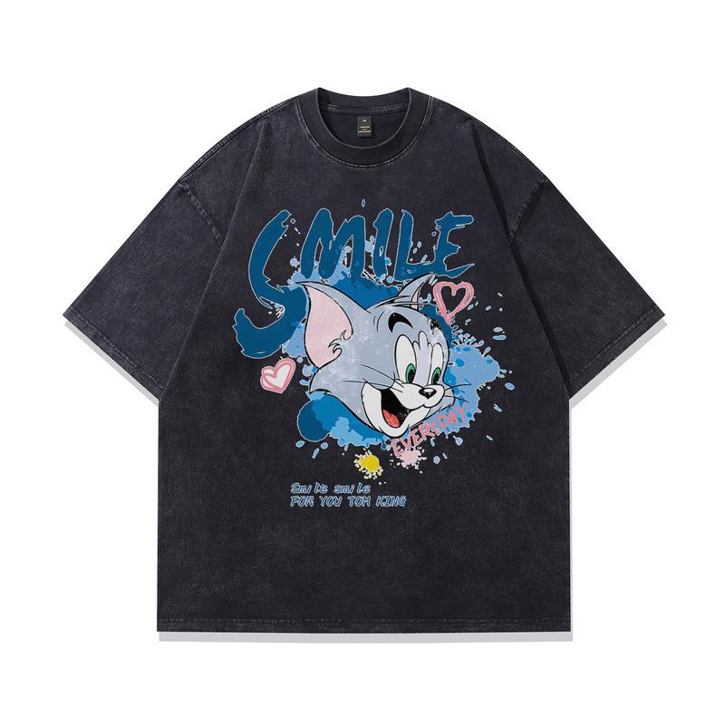 Heavy Cotton Washed Short-Sleeved T-Shirt American Retro Trendy Cartoon Printed Vintage Half-Sleeved Top