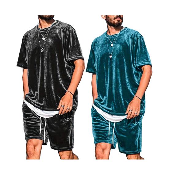 2 ks/sada Pánský outfit Kulatý výstřih Krátký rukáv Topy Stahovací šňůrka v pase Šortky Sada Jednobarevná