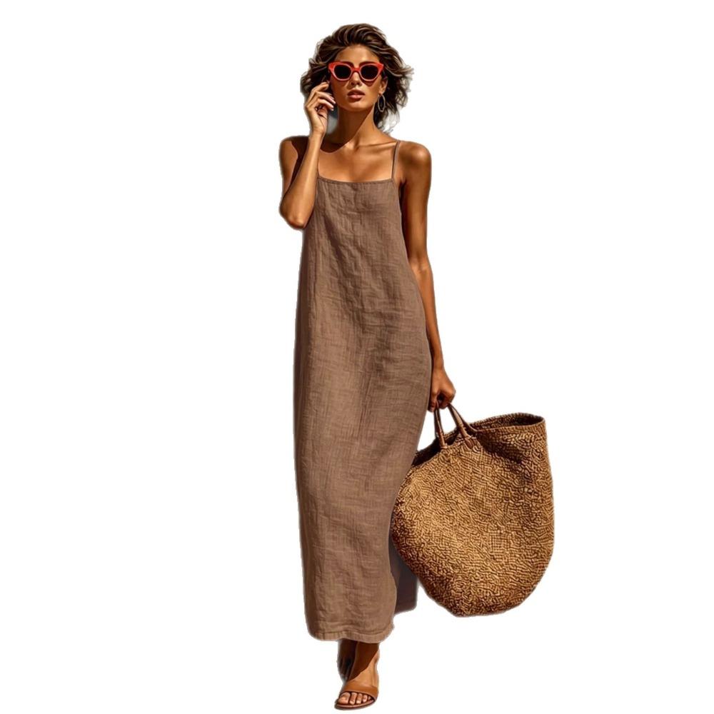 Women New Summer Solid Color Sling Dress, Loose Comfortable Casual Sleeveless Midi Dress