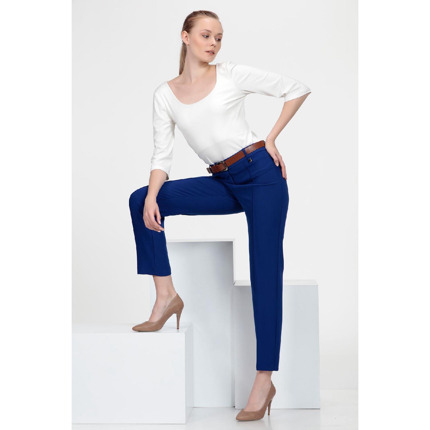 

High Waist Belted Ribbed Lycra Trousers 42 Темно-синій