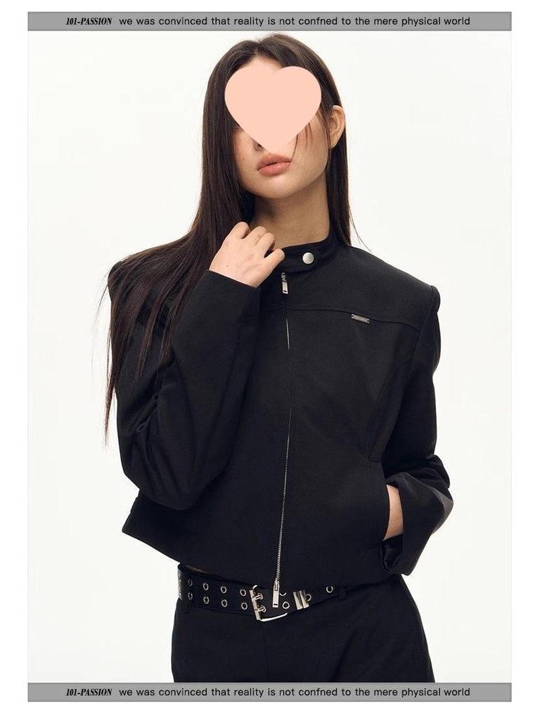 Amerikanische Retro Cool Hot Girl Schwarze Stehkragen Schlankmachende Frühlingsjacke für Damen