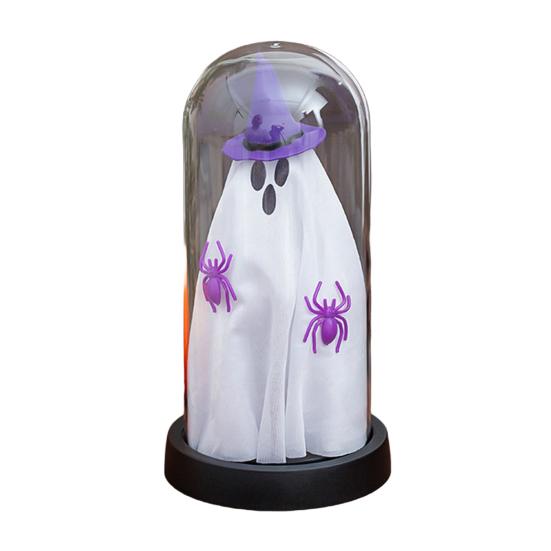Halloween Indoor Ghost Decoration Light Up Ghost in Glass Cloche with Wood Base Cute Ghost Night Light for Home Kitchen Mantel Shelf Fireplace Decor