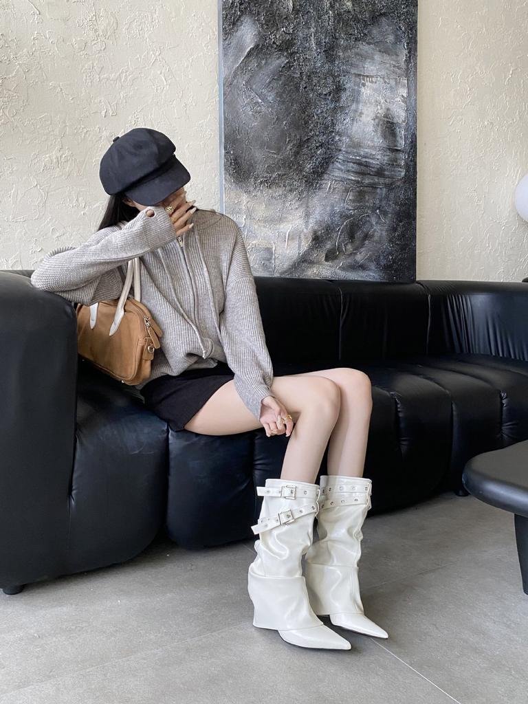 2025 Autumn and Winter New Pointed Thin Heel High Heel Temperament French Fashion Belt Buckle Sexy Beautiful Women Mid Boots