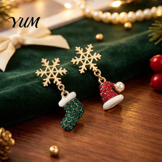 Dangle Earrings for Christmas Parties 1 Pair Earrings, Sparkling Snowflake Red Santa Hat Green Festive Winter Holiday Accessories Stocking Asymmetric