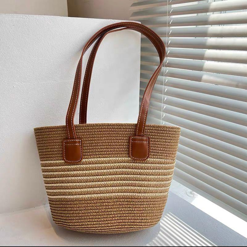 

Work Clothing Stripes One Shoulder Stylish Beach Women s Straw Bag Khaki + m Middle Stripes
