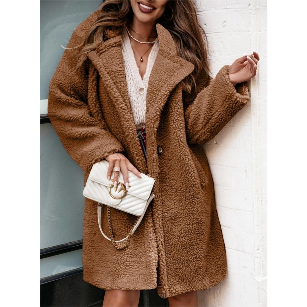 

Женская одежда, Плюшевая, С длинным рукавом, Куртка с воротником, Повседневная куртка, Топ M коричневый