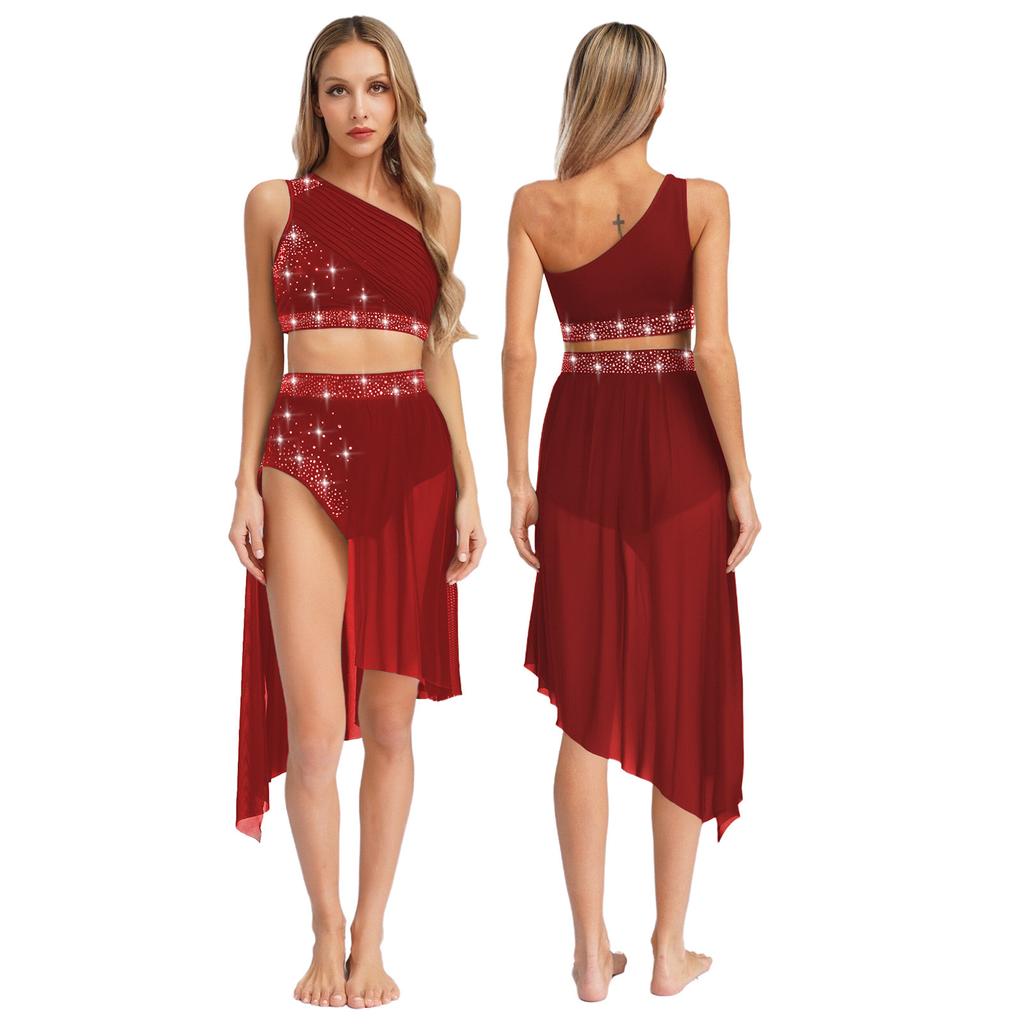Womens Lyrical Modern Dance Outfits Dancewear One Shoulder Ruched Mesh Overlay Rhinestones Crop Top with Irregular Hem Skirt