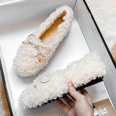 Fashion Luxury Plush Warm Flat Shoes for Women 2025 Winter Elegant Bow Design Non-slip Soft Bottom Ballet Shoes Low Heel Padded Mules