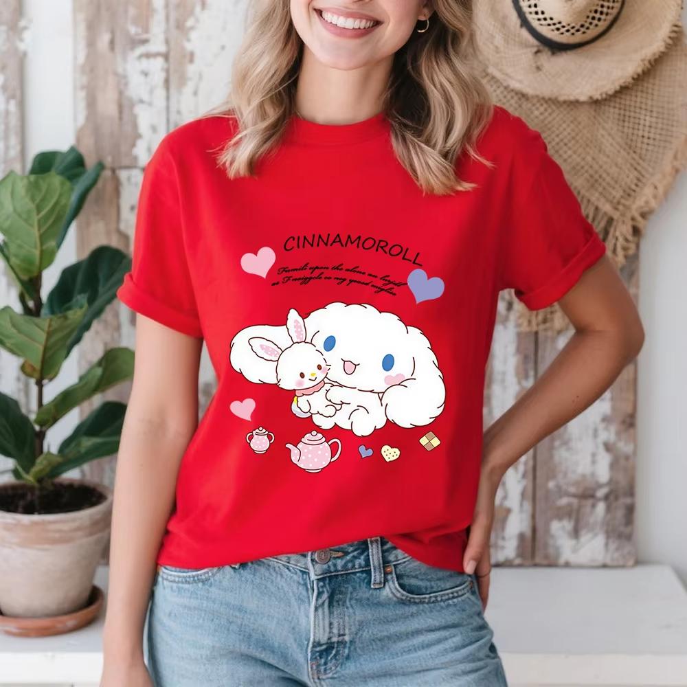 

2026 Summer Cinnamoroll Warm Hug Print Cotton T Shirt for Women Casual Soft Comfortable Summer Top S