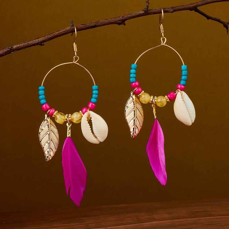 Trendy Ethnic Retro Multicolor Feather Beaded Circle Dangle Earrings