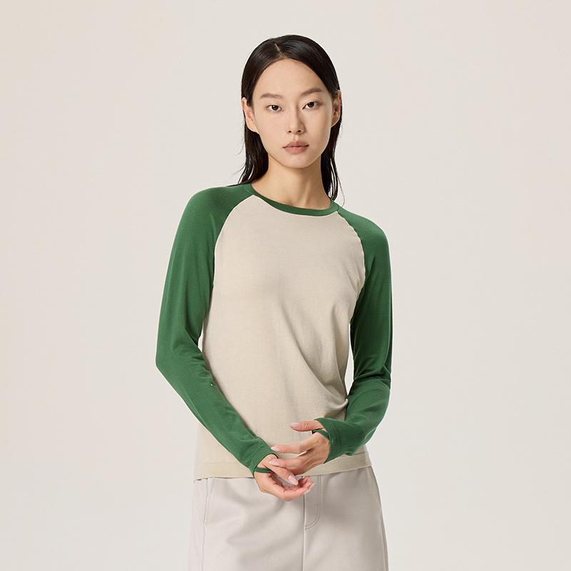 Women's Seamless Color Block Raglan Merino Wool & Tencel Long Sleeve Sport Shirt