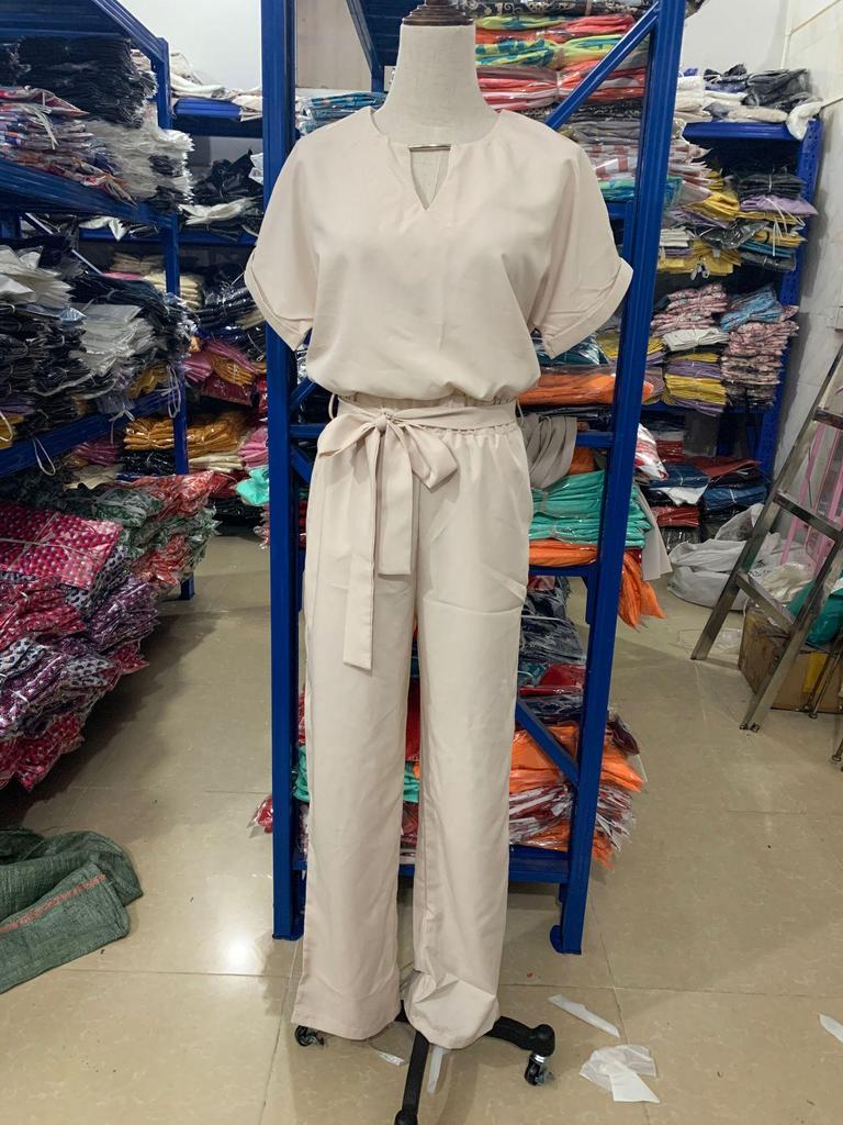 INS Summer V-neck Short Sleeve Elastic Waist Jumpsuit with Patch Pockets for Women