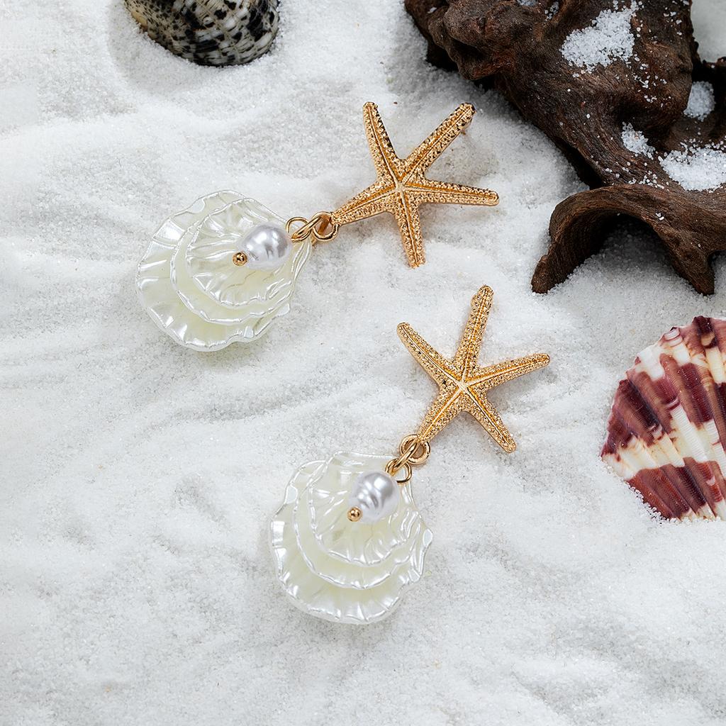 Summer Beach Vacation Style Alloy Starfish Pendant Imitation Pearl Scallop Tassel Earrings for Women Fashion Accessorie Jewerly