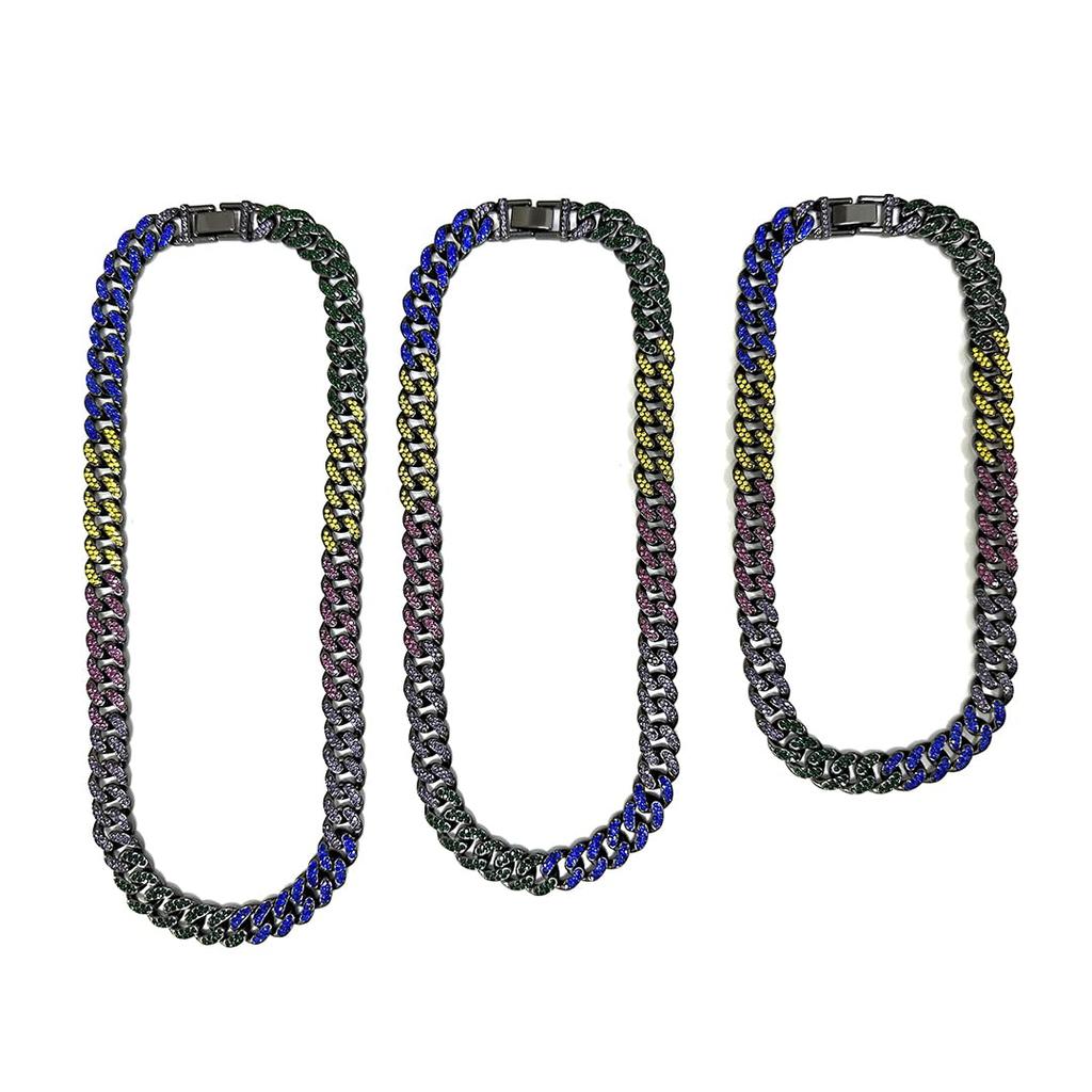 JEWELRY TAKEDA Iced Out Rainbow Cuban Chain Necklace with Black Wide Streetwear 14mm Length Rhinestones, Plated, Chain, Men's Accessory, Width,