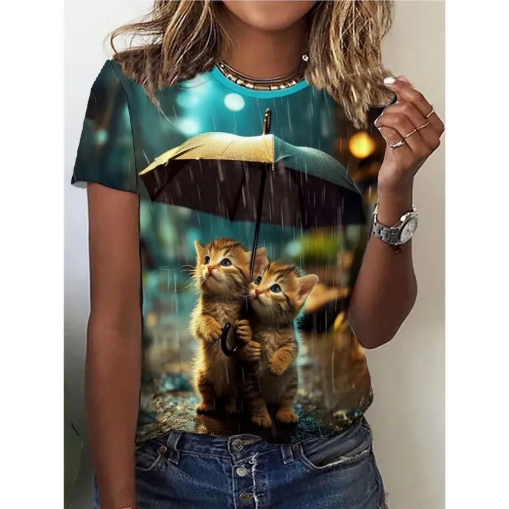 Summer Women Cat Pattern T-Shirt Fun Animal 3D Printed Short Sleeves Loose O-Neck Breathable T-Shirts