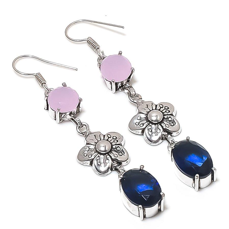 

London Blue Topaz, Chalcedony Gemstone 925 Sterling Silver Earring 2.76