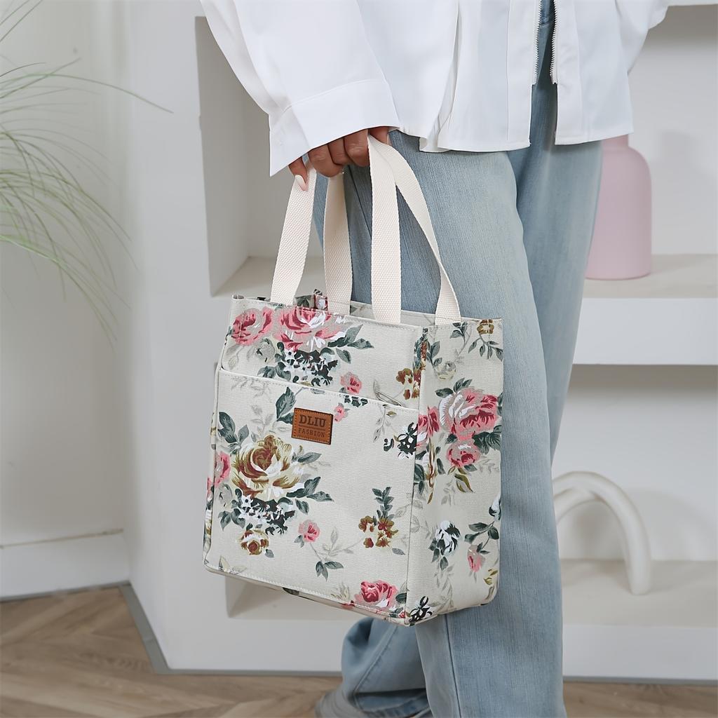 Vintage Floral Fabric Handbag - Thickened Work Tote with Front Zipper Pocket, Portable Cup Box Storage Bag, Semi-Sealed with Zipper Closure