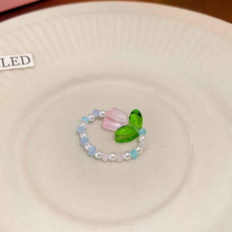 Acrylic flower pearl rhinestone elastic ring women's light luxury high-end sense fashion niche ring versatile jewelry women