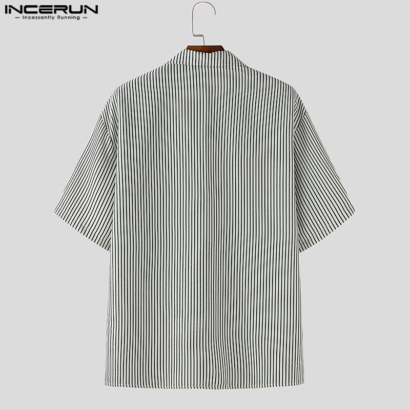 INCERUN Herren Reverskragen Kurzarm Gestreifter Druck Lässige Übergroße Hemden