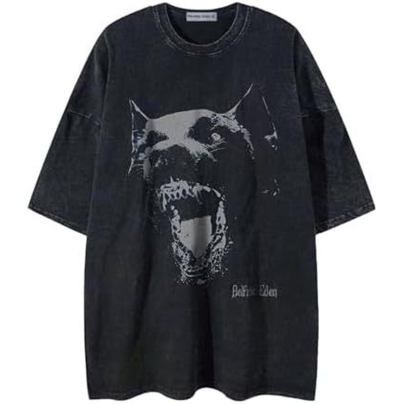 T-shirt Punk Style Hong Kong Coton Lavé Imprimé, Grande Taille, Manches Courtes