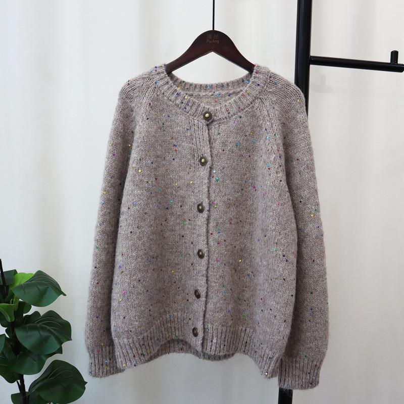 Autumn and winter new sequined loose sweater jacket design temperament lazy wind knitted cardigan women
