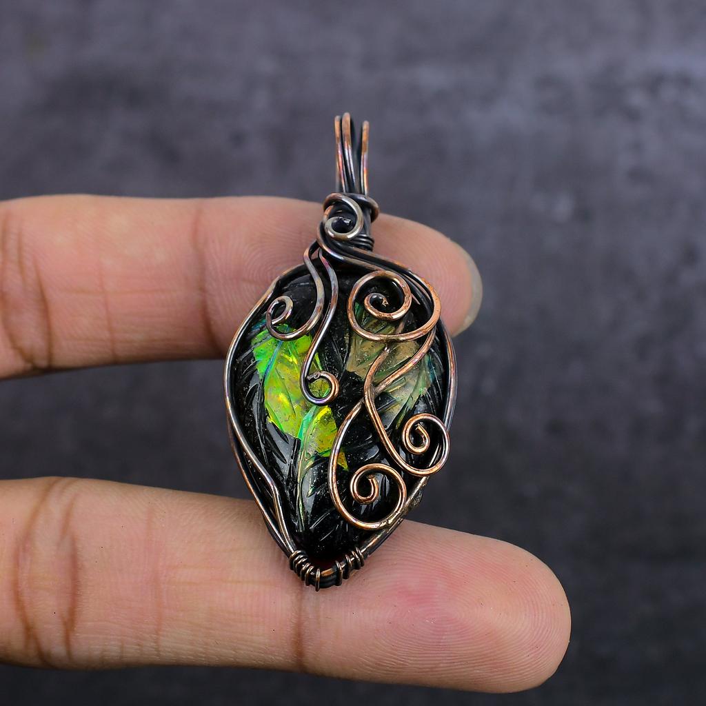 Dichroic Glass Gemstone Handmade Copper Wire Wrap Jewelry Pendant 2.25" P2t61