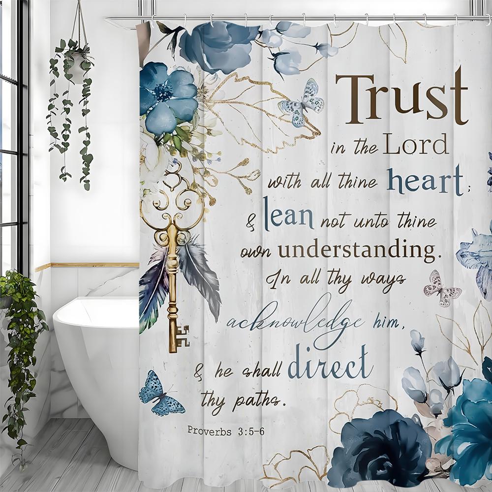 Blue Floral Bible Inspirational Quotes Shower Curtain, Bathroom Decorative Shower Curtain, Waterproof Shower Curtain with Hooks