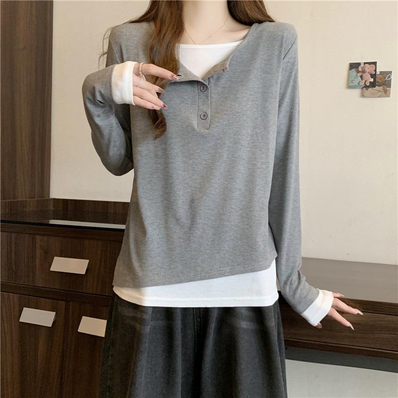 Contrasting Color Fake Two-piece Long-sleeved T-shirt Women's Loose and Thin Design Sense Niche Inner and Outer Top