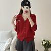Women's Red Jacquard V-Neck Cardigan - Loose Classic Knit Top for Autumn/Winter 2025