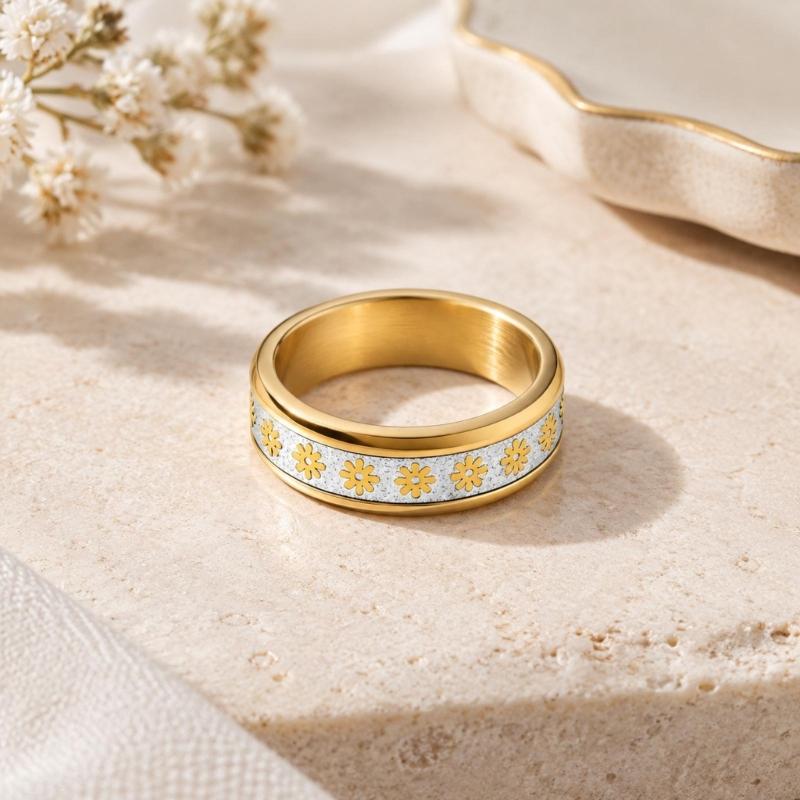 Floral Spinner Ring with Repeating Sunflower Pattern and Rotating Outer Band for Everyday Jewelry Styling and Stacking