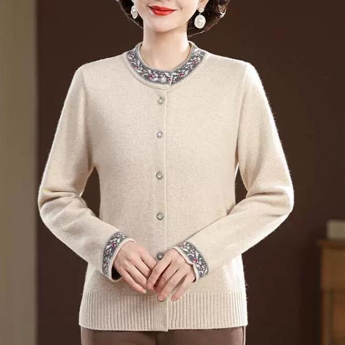 Autumn Winter Women's Round Neck Embroidered Cardigan Sweater Thickened Loose Knit Cardigan