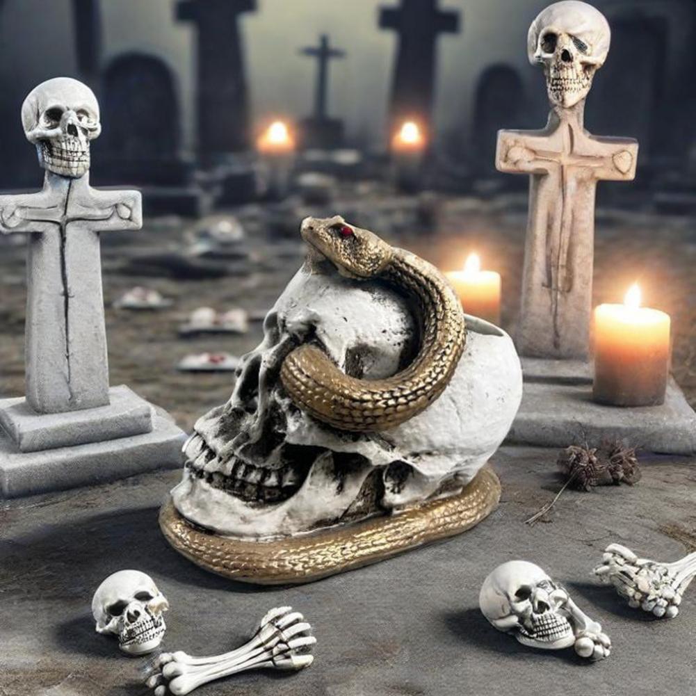 Schädel Schlange Ornament Schlangenskelett Kopf Figur Unheimliche Leuchtende Halloween Dekoration Mumienkopf Ornament für Büro Schreibtischdeko