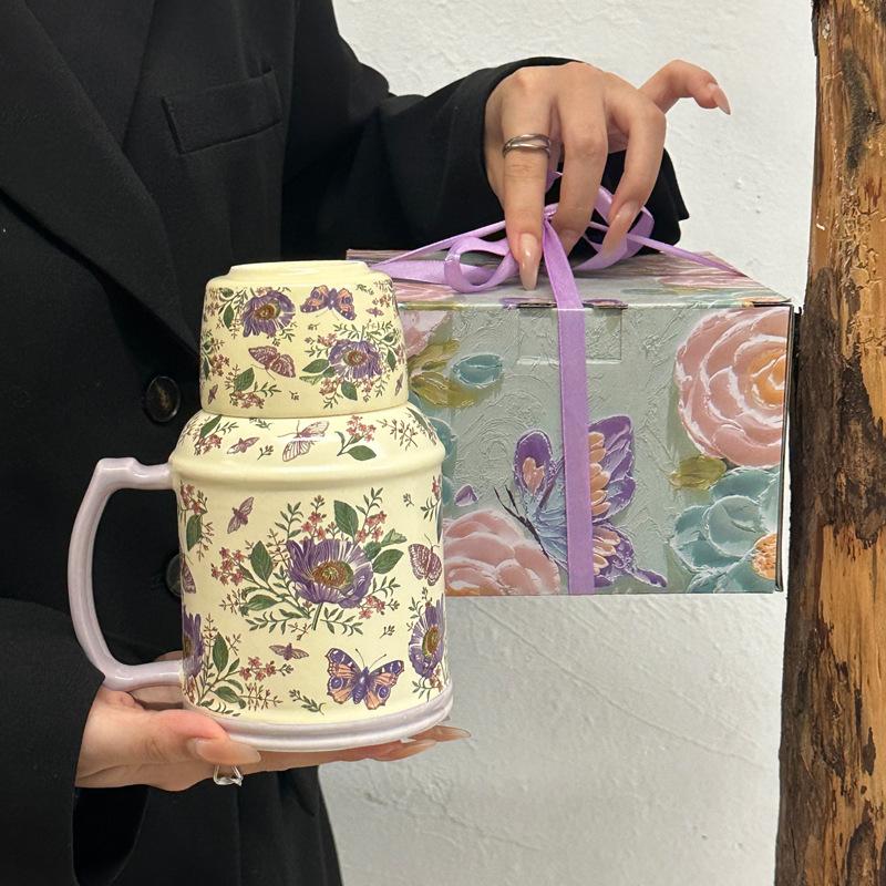 Oil painting retro ceramic kettle cup, large-capacity water cup, high-value mug for girls, birthday gift for girlfriends
