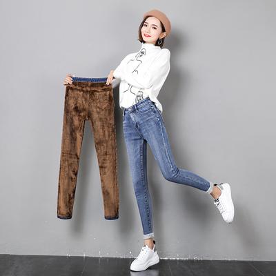 2021 New Winter Thicken Denim Pants Women's Add Velvet High Waist  Skinny Jeans Casual Add H Street Stretch Jeans