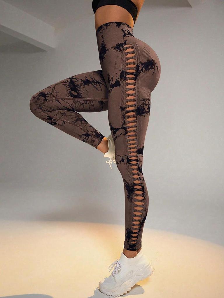 Women's High-Waisted Tie-Dye Yoga Pants - Hollow-Out, Peach-Lifting, Breathable, Seamless Fitness Wear