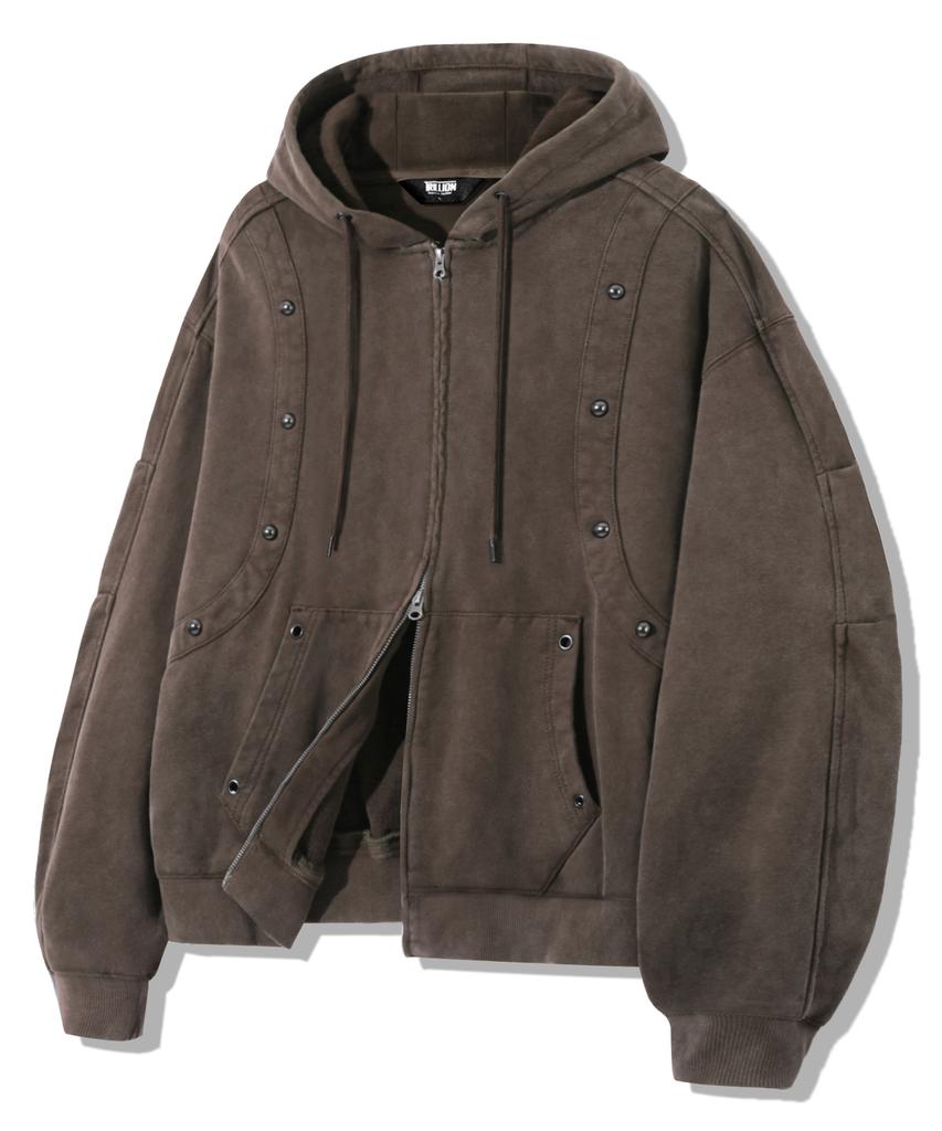 Trillion Vintage Studded Pigment 2-Way Zip-Up Hoodie_Brown