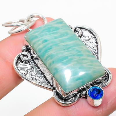 Natürlicher Amazonit, Blautopas Edelstein 925 Sterlingsilber Anhänger 2,13" J9O39