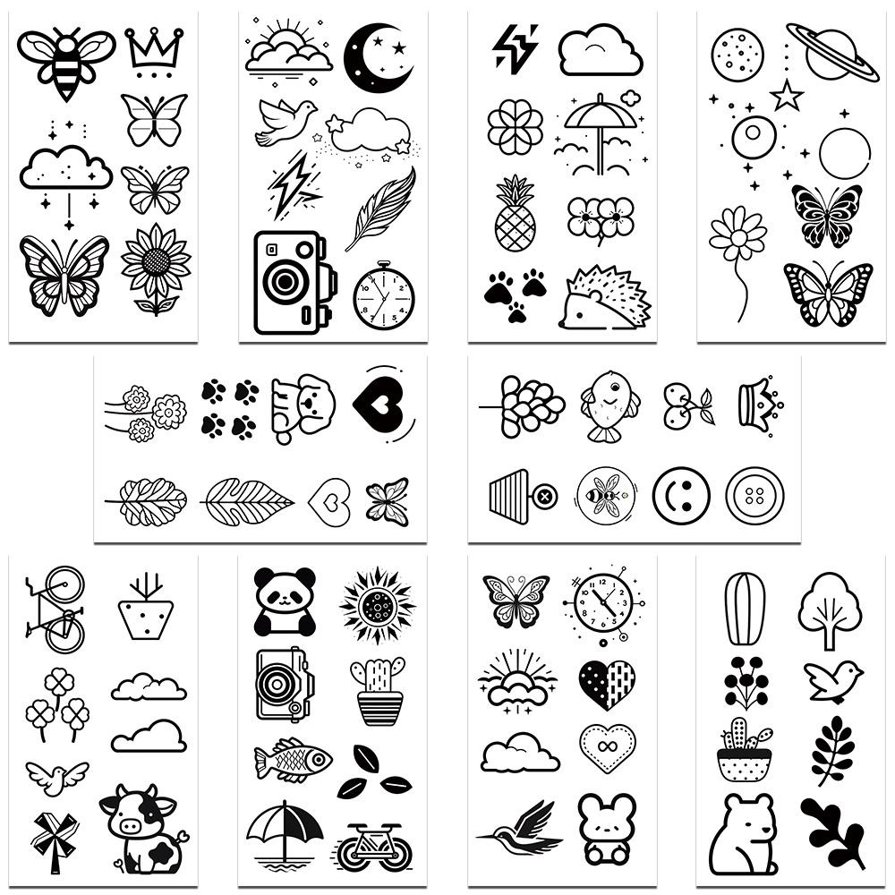 

10 листов мультфильмов черные короткие штрихи татуировки наклейки для рук тела временные водонепроницаемые татуировки наклейки детские креативные подарки