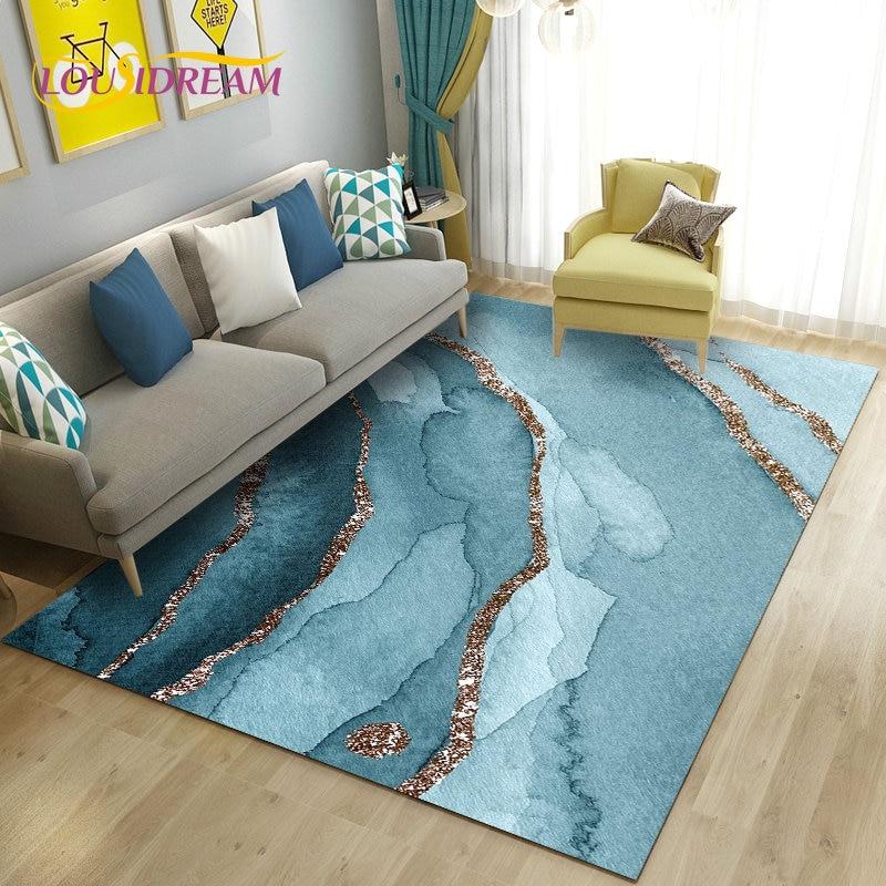 Nordic Marble Texture Goldren Cyan Area Rug Large,Carpet Rug for Living Room Bedroom Sofa Doormat Decor,Kid Non-slip Floor Mat